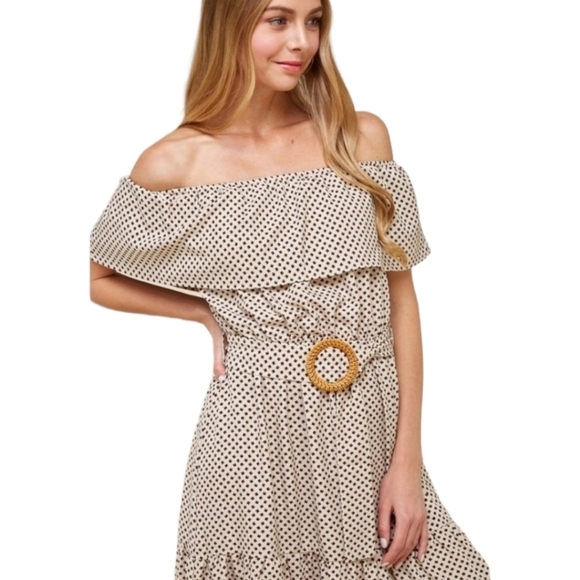 EPISODE Woman's Small Off the Shoulder Boho Tiered Flowy Midi Dress Beige - Picture 3 of 13